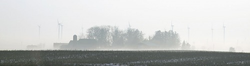 A windfarm in the fog. A windfarm in the fog.