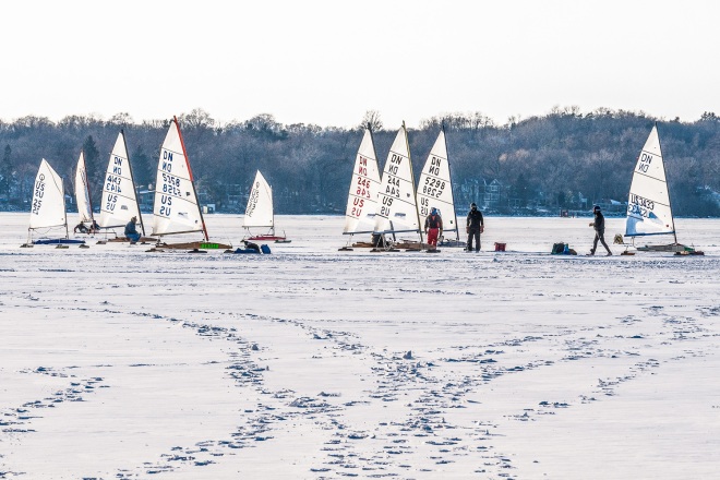 Ice boaters prepare for a race.