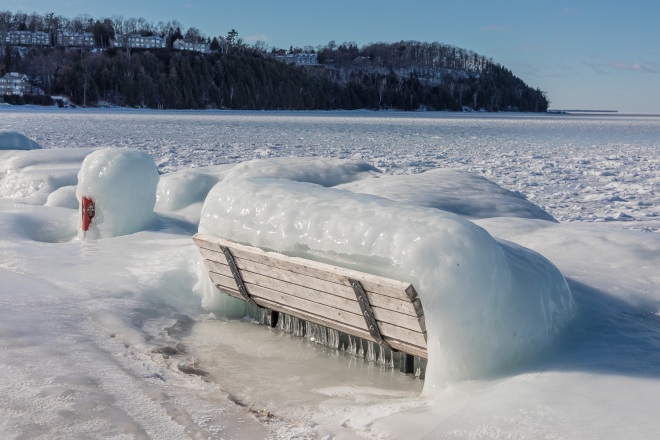 An icy bench in Sister Bay