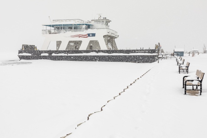A ferry tied up for the winter